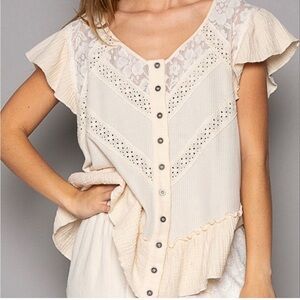 POL Cream Lace Ruffle Knit Top M | Coquette Boho Cottagecore Button Cap Sleeve